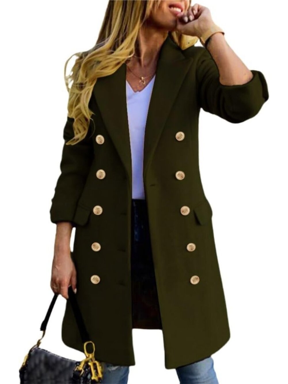 Women's Olive Wool Blend Double Breasted Gold Buttons Fall Midi Long Trench Coat